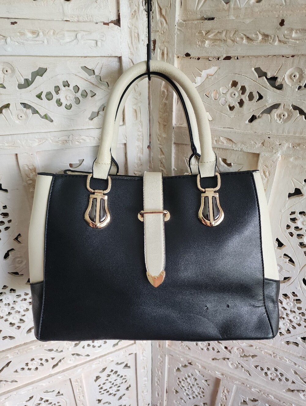 Classic Black & White Color Block Top Handle Satchel Purse Gold-Tone Hardware
